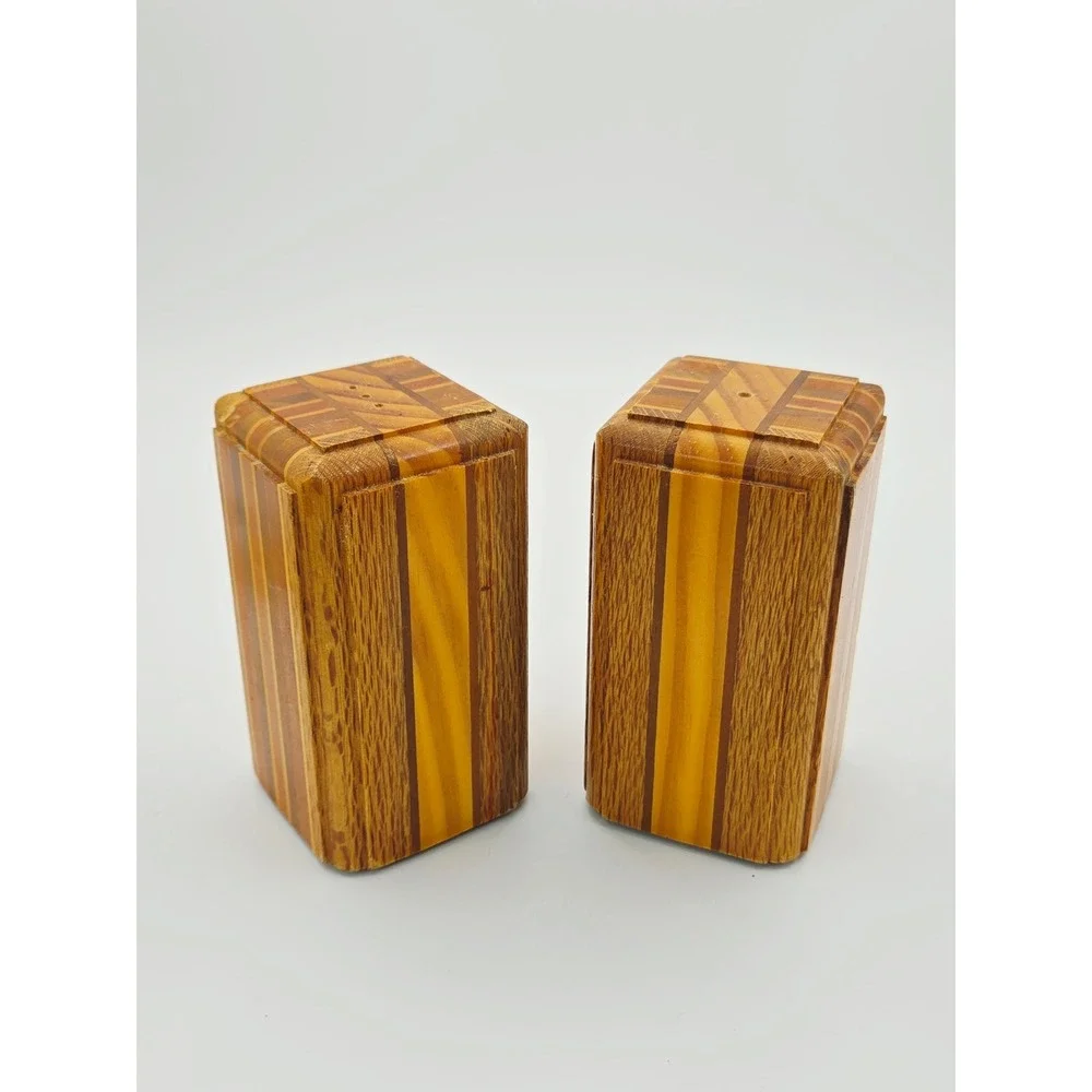 Vintage Inlaid Wood Salt and Pepper Shakers Set Rectangular Geometric Striped
